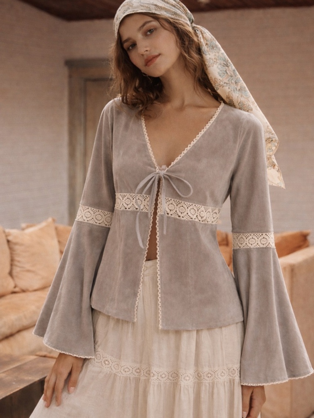 Me Jane suede leather y2k boho crocheted lace bell sleeve top